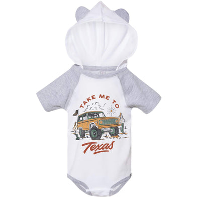 Take Me Tx Hooded Baby Onesie-CA LIMITED